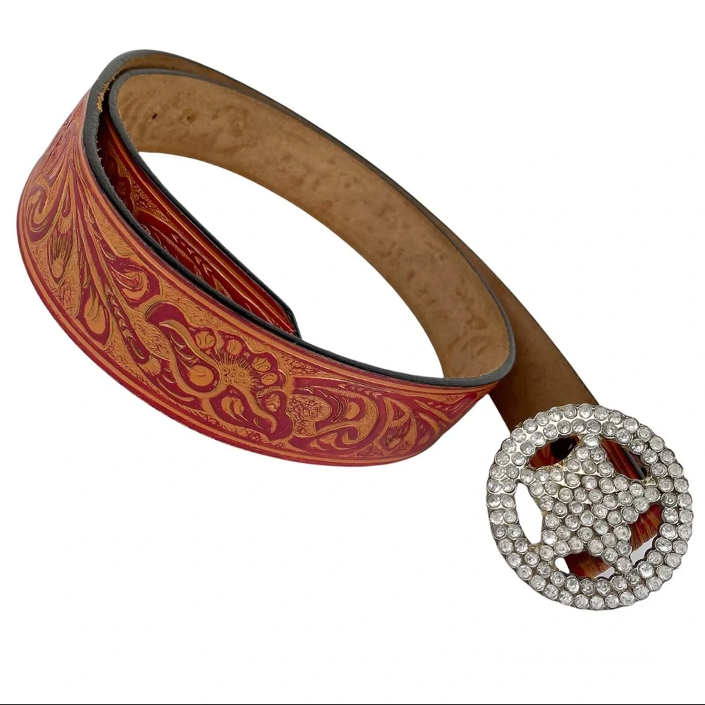 Western Embellished Star Bling Tooled Bonded Leather Belt Sz Large